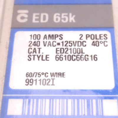Used Cutler-Hammer ED2100L Circuit Breaker 2 Pole, 100 A, 240v AC, 125v DC, Series C