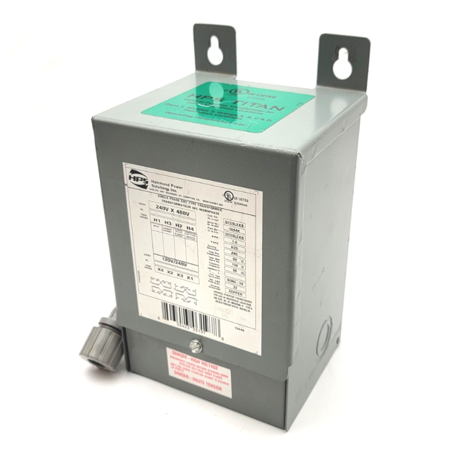 Used Hammond HPS Q1C0LEKB Titan Transformer 1kVA 240/480V Pri, 120/240V Sec, NEMA 3R