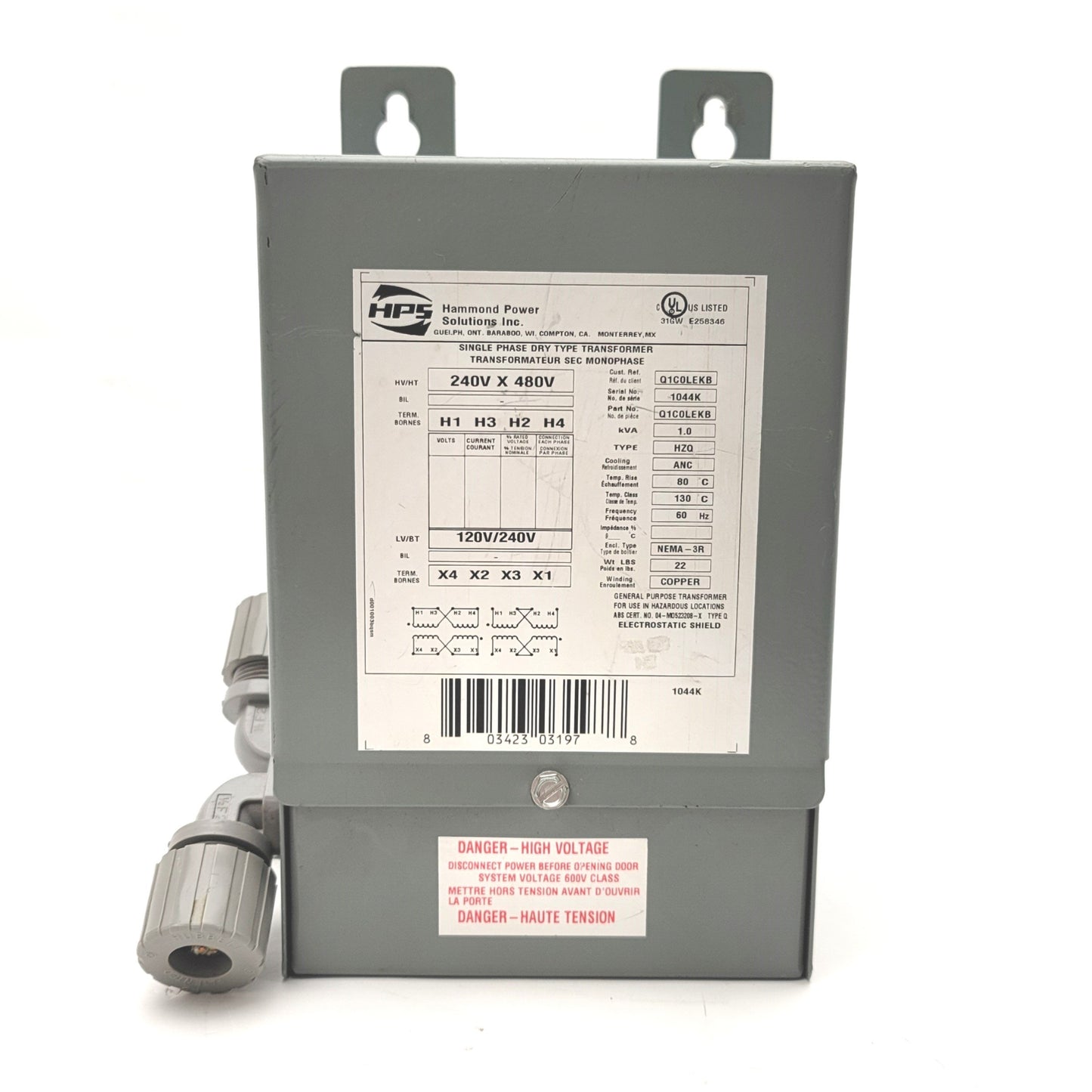Used Hammond HPS Q1C0LEKB Titan Transformer 1kVA 240/480V Pri, 120/240V Sec, NEMA 3R
