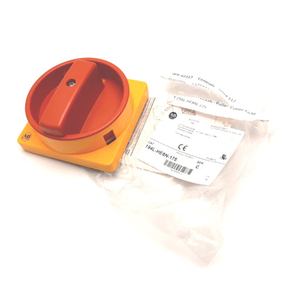 New – Open box Allen Bradley 194L-HE8N-175 Disconnect Switch Handle, On/Off, Red/Yellow, 90°