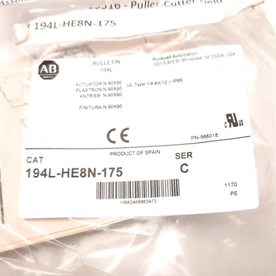 New – Open box Allen Bradley 194L-HE8N-175 Disconnect Switch Handle, On/Off, Red/Yellow, 90°