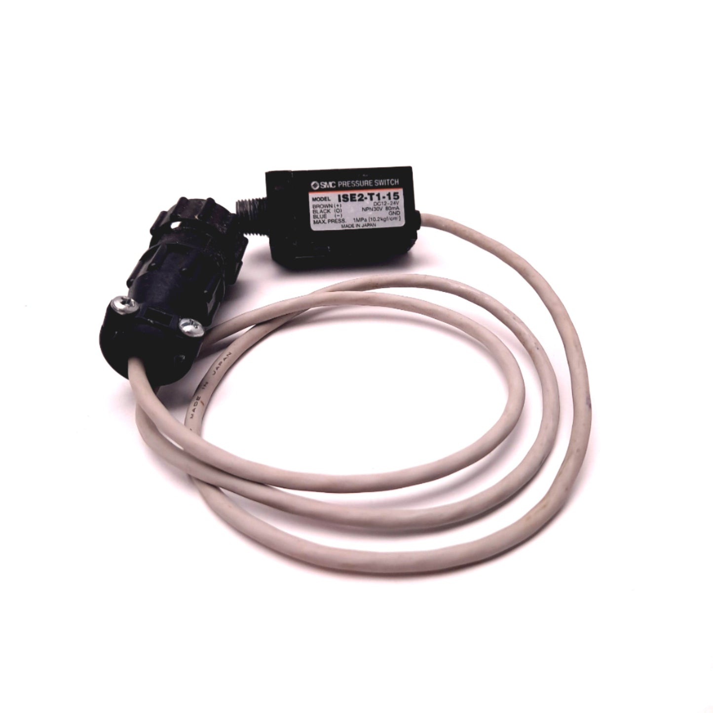 Used SMC ISE2-T1-15 Pressure Switch, Voltage: 12-24VDC, Pressure: 0-1MPa (0-145psi)