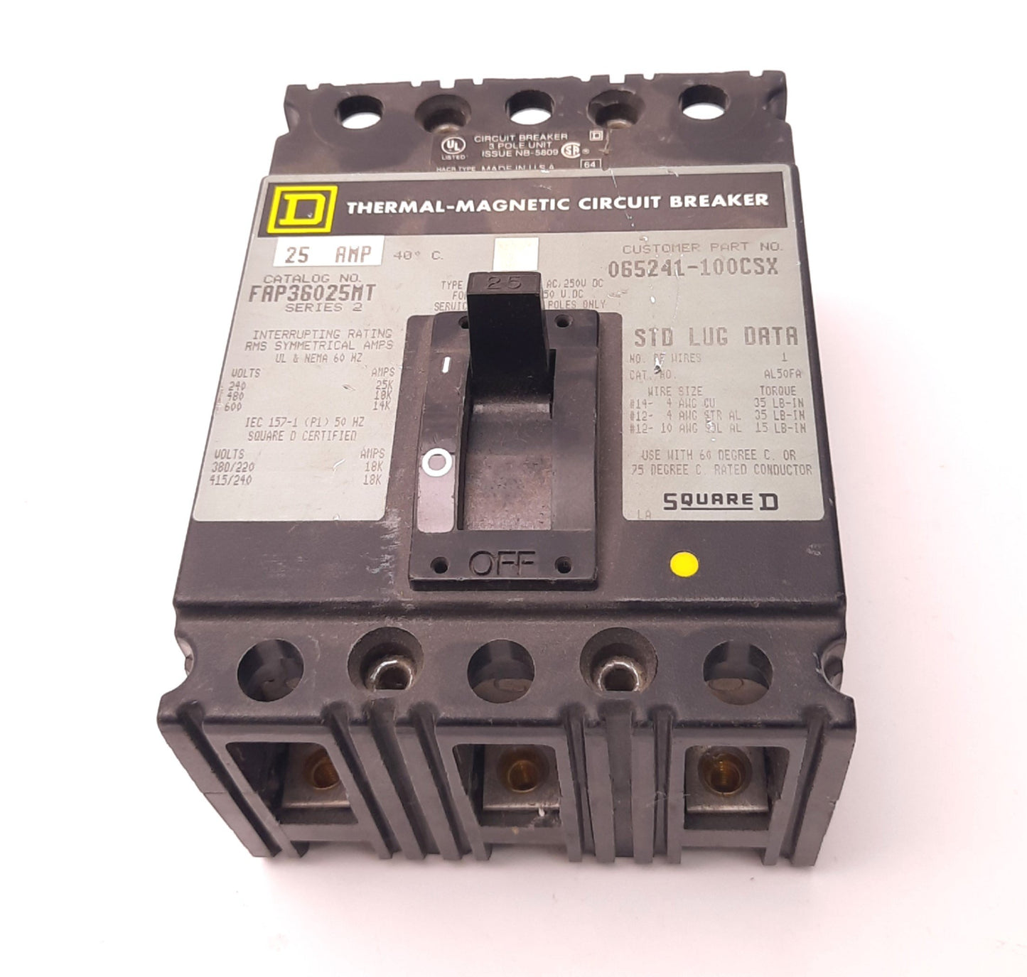 Used Schneider Electric FAP36025MT Circuit Breaker 600v AC/250v DC, 25 Amps, 3 Poles