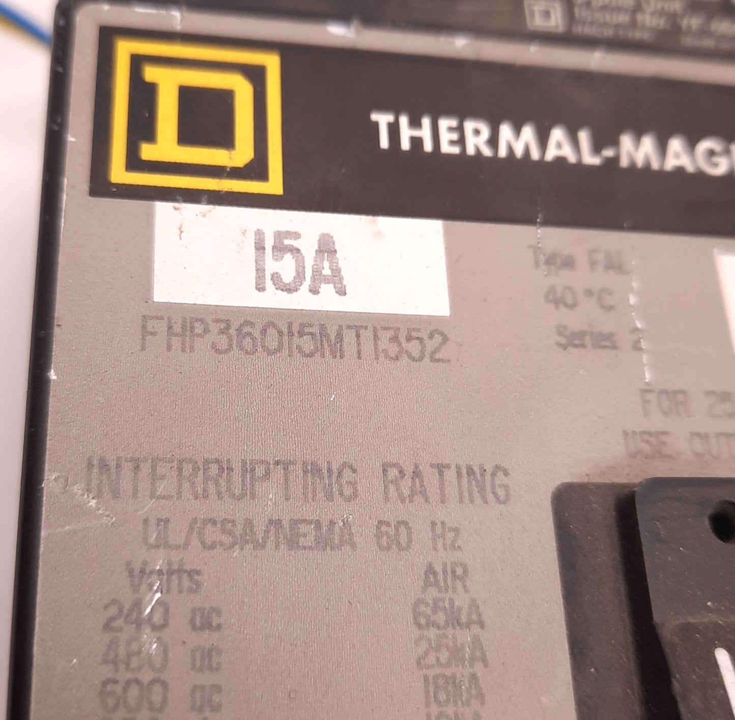 Used Schneider Electric FHP360-5MT-352 Circuit Breaker 3 Pole, 15 Amps, 600vAC 250vDC