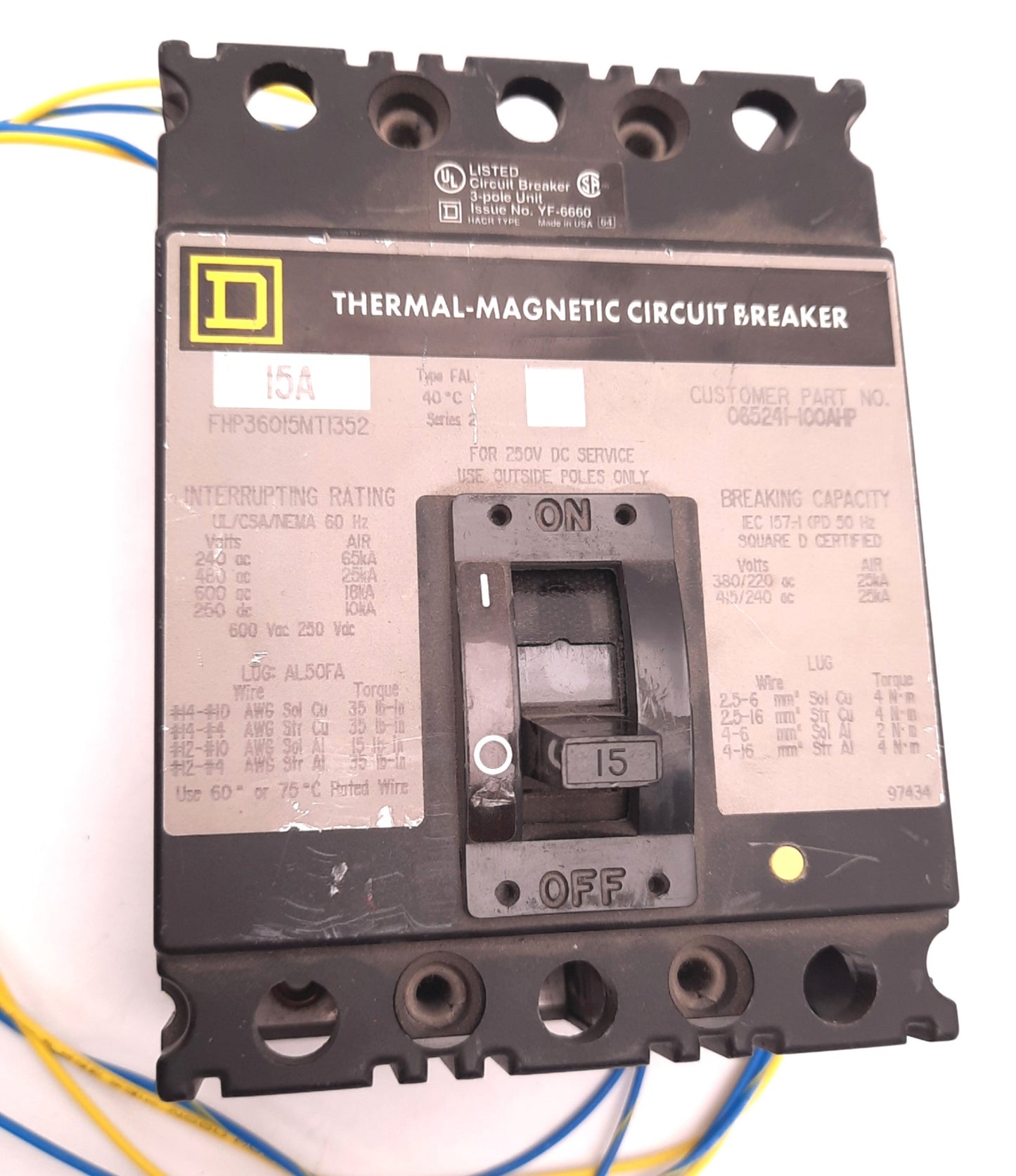 Used Schneider Electric FHP360-5MT-352 Circuit Breaker 3 Pole, 15 Amps, 600vAC 250vDC