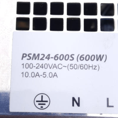 Used Rhino PSM24-6005 Power Supply, Input: 100-240VAC 10-8A, Output: 24VDC 25A 600W