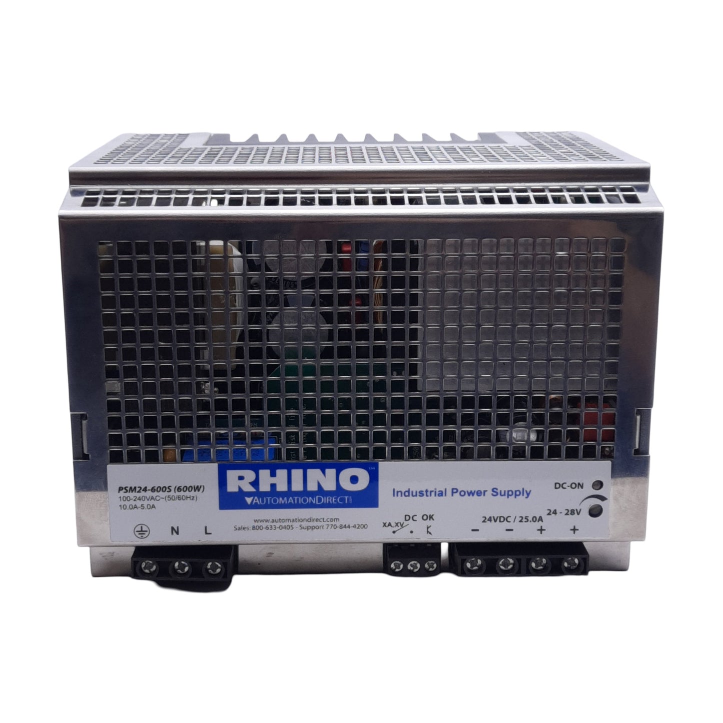 Used Rhino PSM24-6005 Power Supply, Input: 100-240VAC 10-8A, Output: 24VDC 25A 600W
