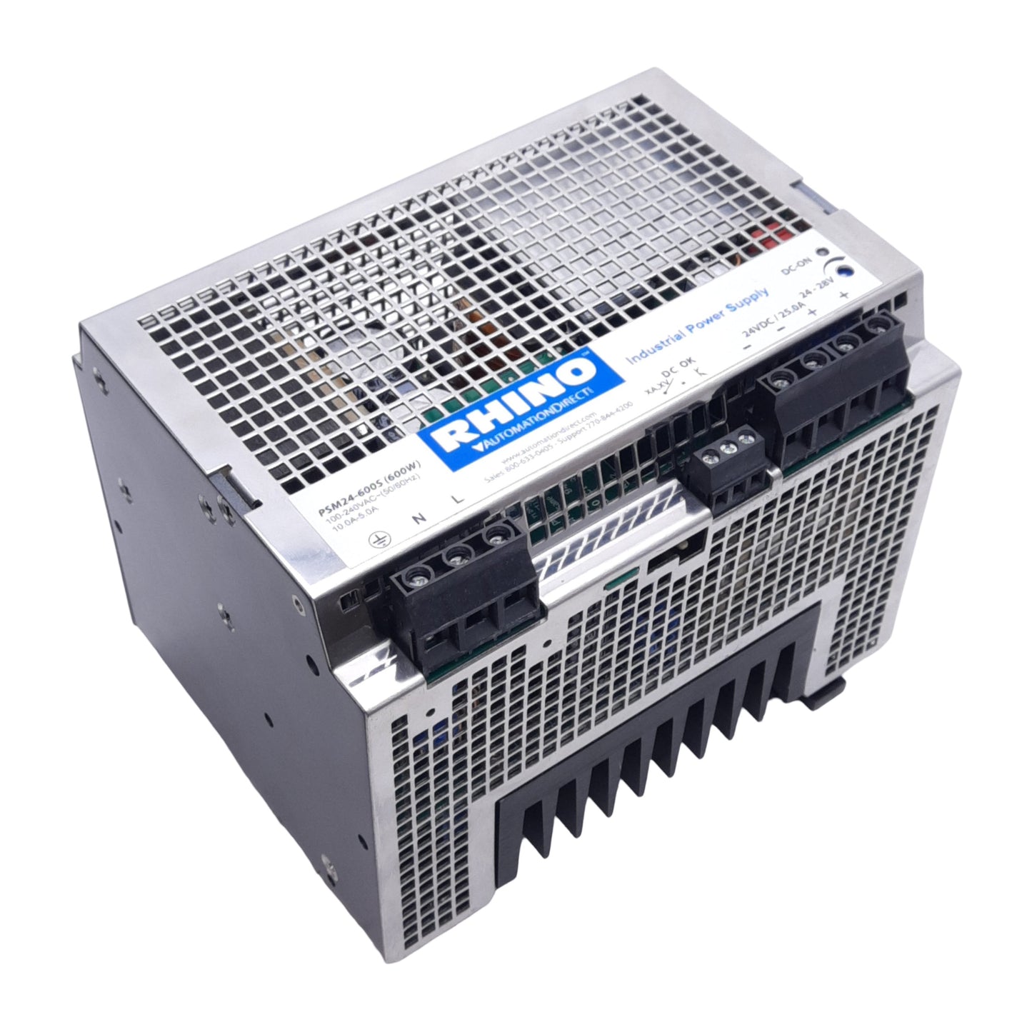 Used Rhino PSM24-6005 Power Supply, Input: 100-240VAC 10-8A, Output: 24VDC 25A 600W