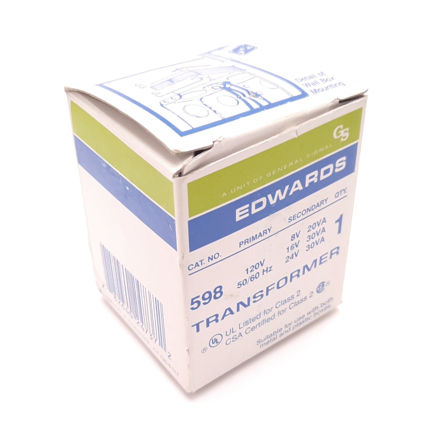 New – Open box Edwards 598 Transformer 120V Ac Line/ 8v 16v 24v Secondary, 30 Watts,Class 2