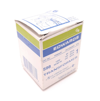 New – Open box Edwards 598 Transformer 120V Ac Line/ 8v 16v 24v Secondary, 30 Watts,Class 2