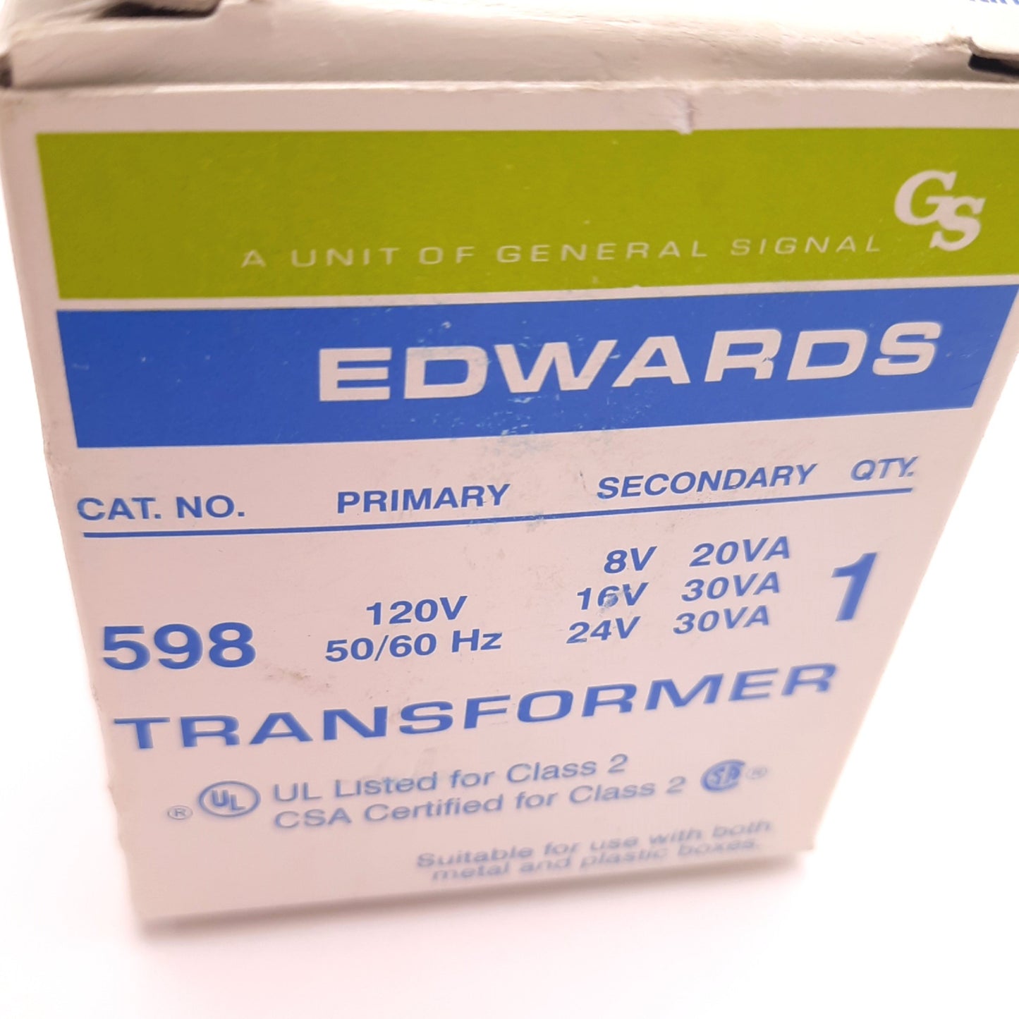 New – Open box Edwards 598 Transformer 120V Ac Line/ 8v 16v 24v Secondary, 30 Watts,Class 2