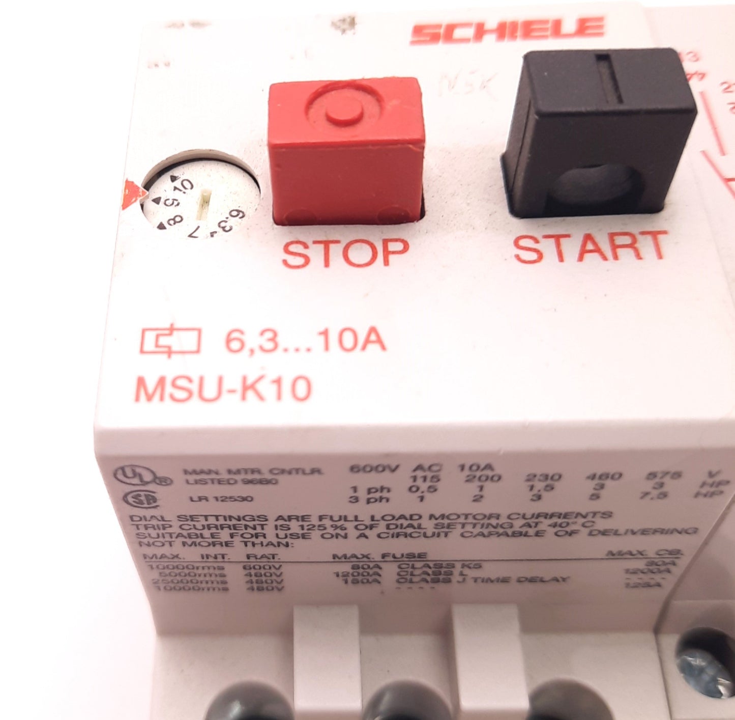 Used Schiele MSU-K10 Motor Starter/Breaker with MSU-A1 Aux Contact 600v Ac, 10 Amps