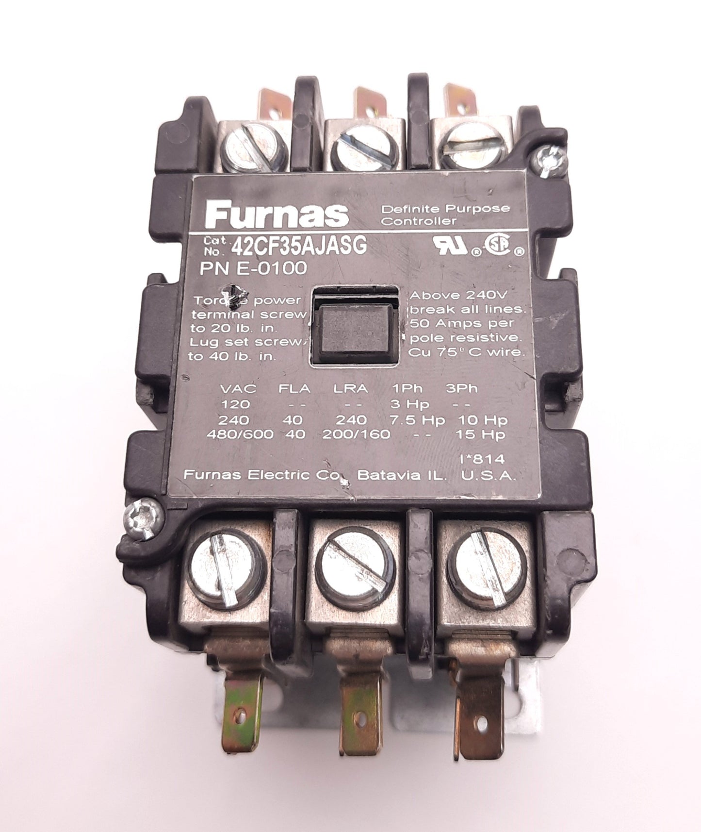 Used Furnas 42CF35AJASG Definite Purpose Contactor 40/50A, 24v Coil, 3 Pole/ E-0100