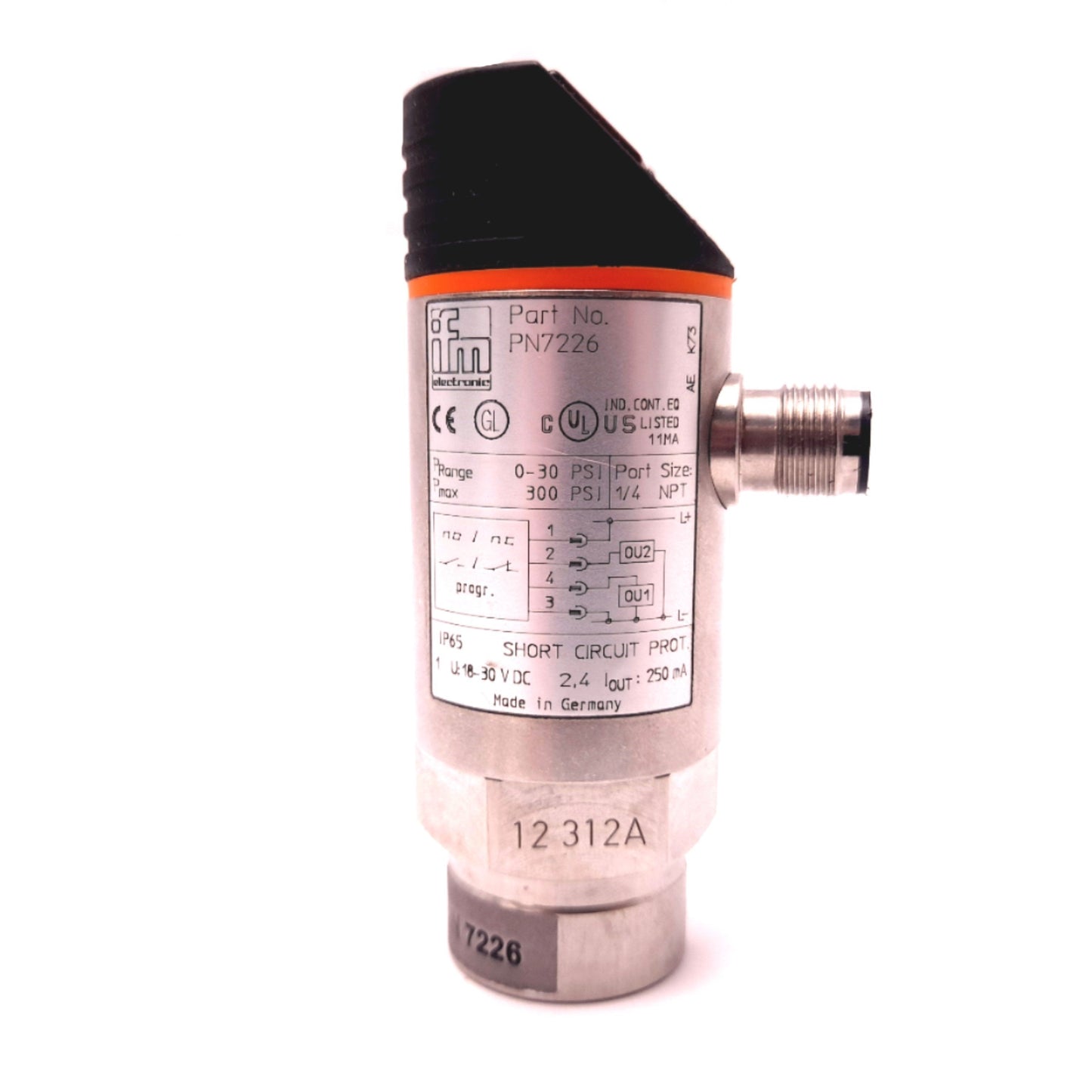 New IFM Efector PN7226 Pressure Sensor 290 PSI, 18-30VDC 250mA, 1/4" NPT