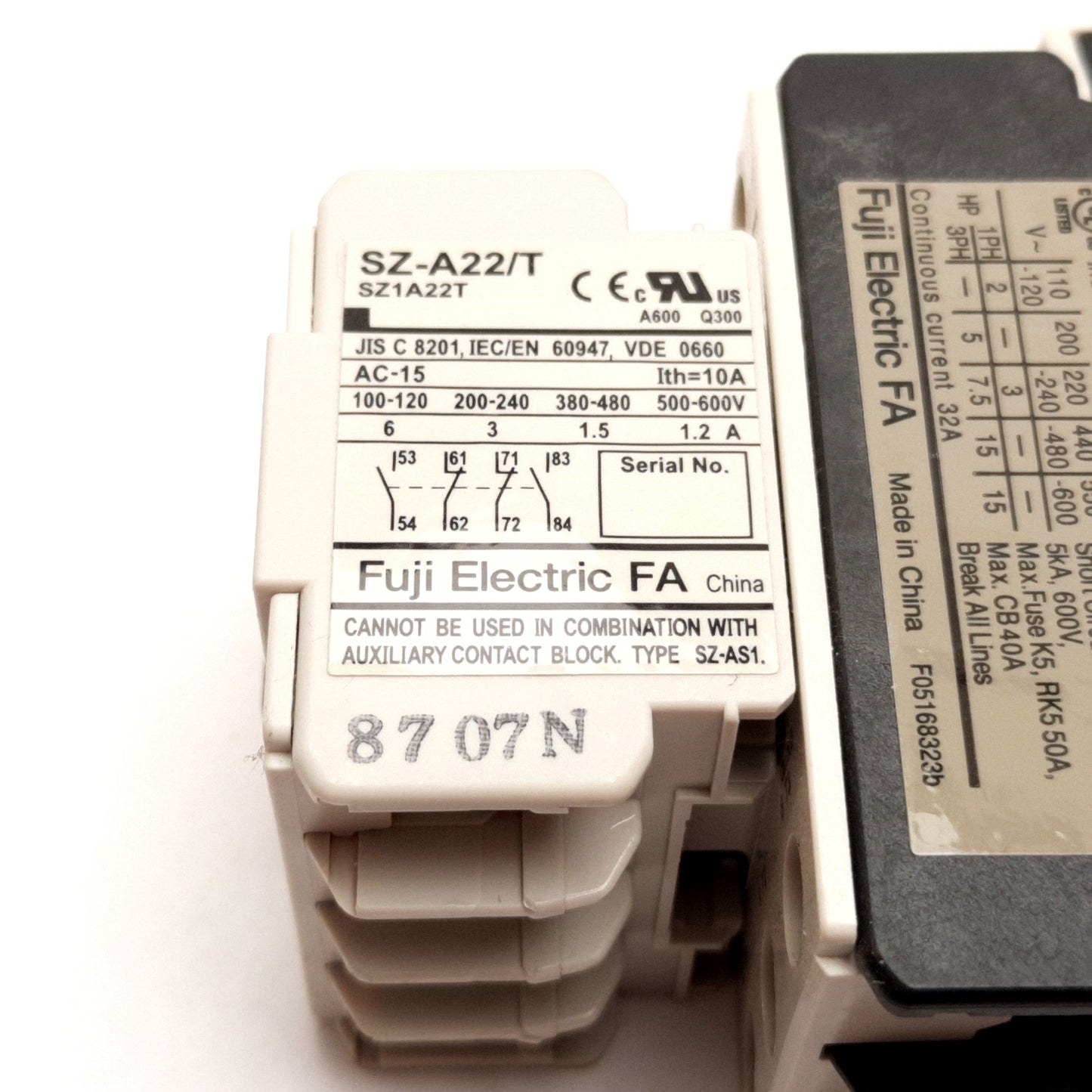 Used Fuji Electric SC-E05/G Contactor, SZ-A22/T Aux Contact Block, SZ-Z1 Suppressor