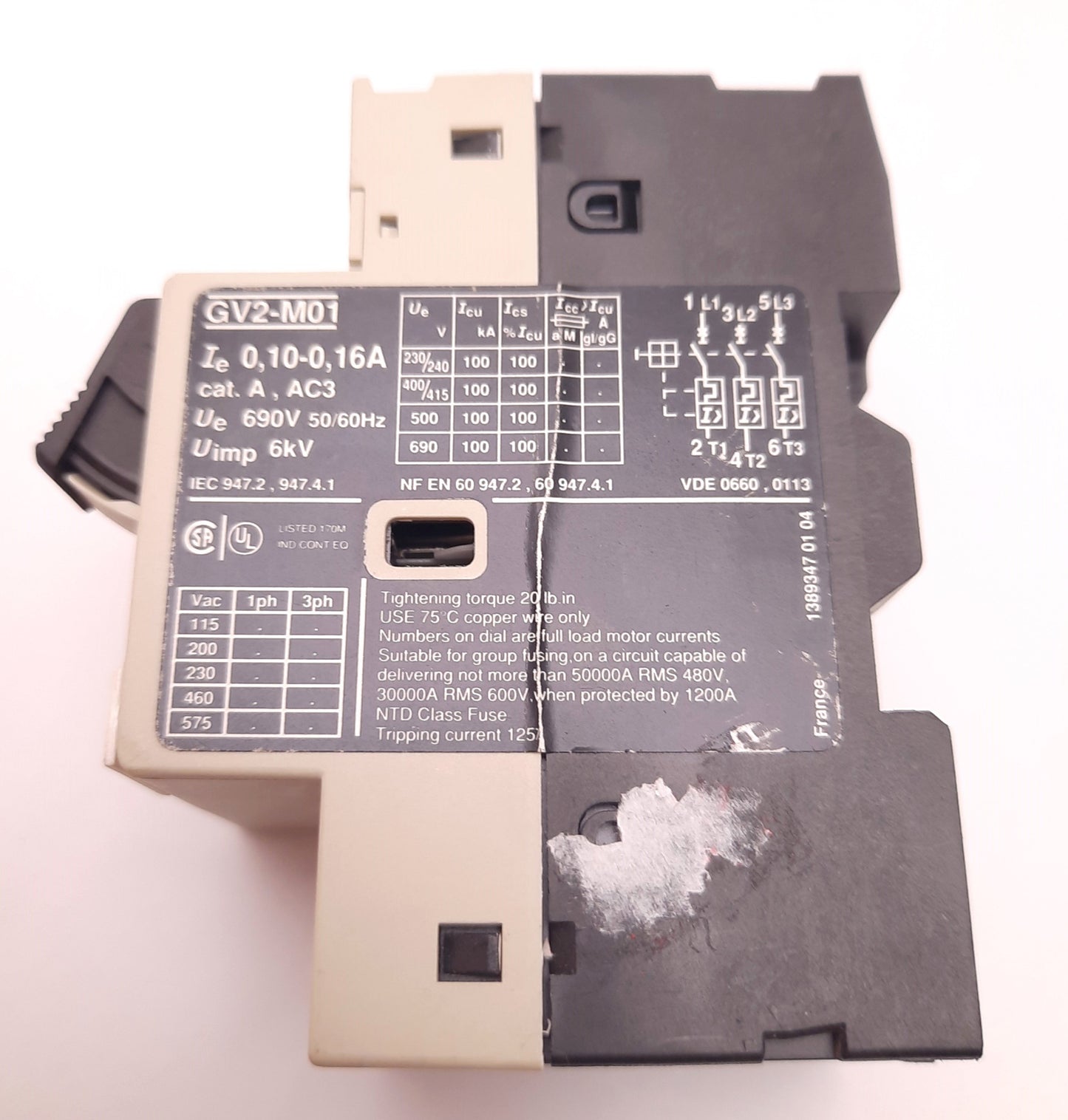 Used Telemecanique GV2-M01 Motor Starter/Breaker 0.1 to 0.16 Amps, 690v 50/60Hz
