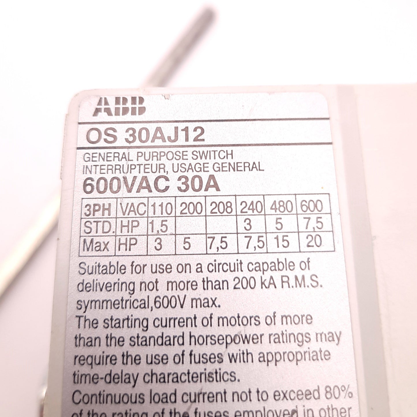 Used ABB OS30AJ12 Interrupter Switch, 30 Amps, 600v AC, 3 Phases, Screw Terminals