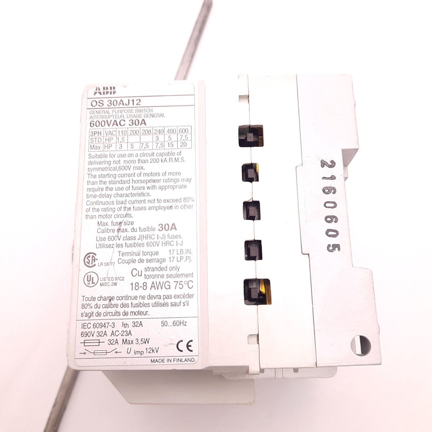 Used ABB OS30AJ12 Interrupter Switch, 30 Amps, 600v AC, 3 Phases, Screw Terminals