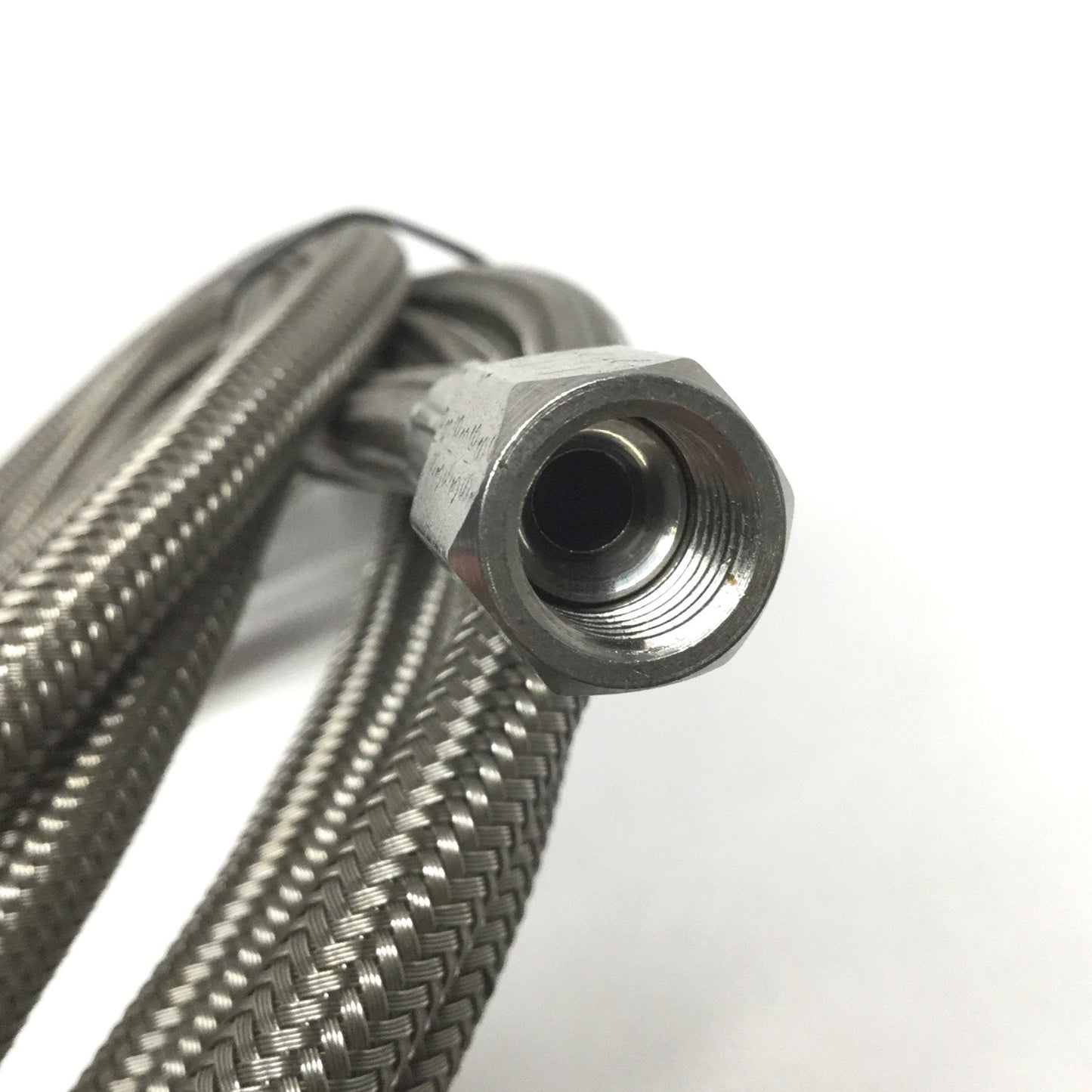 Used Stainless Steel Braided Hose Ø10mm w/JIC-4 Flare Fittings 7/16" Thread, 9ft Long