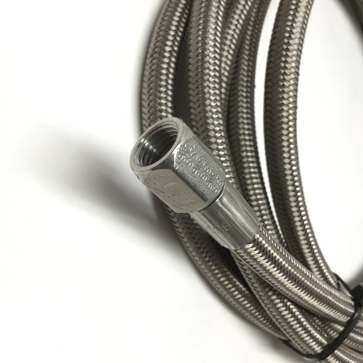 Used Stainless Steel Braided Hose Ø10mm w/JIC-4 Flare Fittings 7/16" Thread, 9ft Long