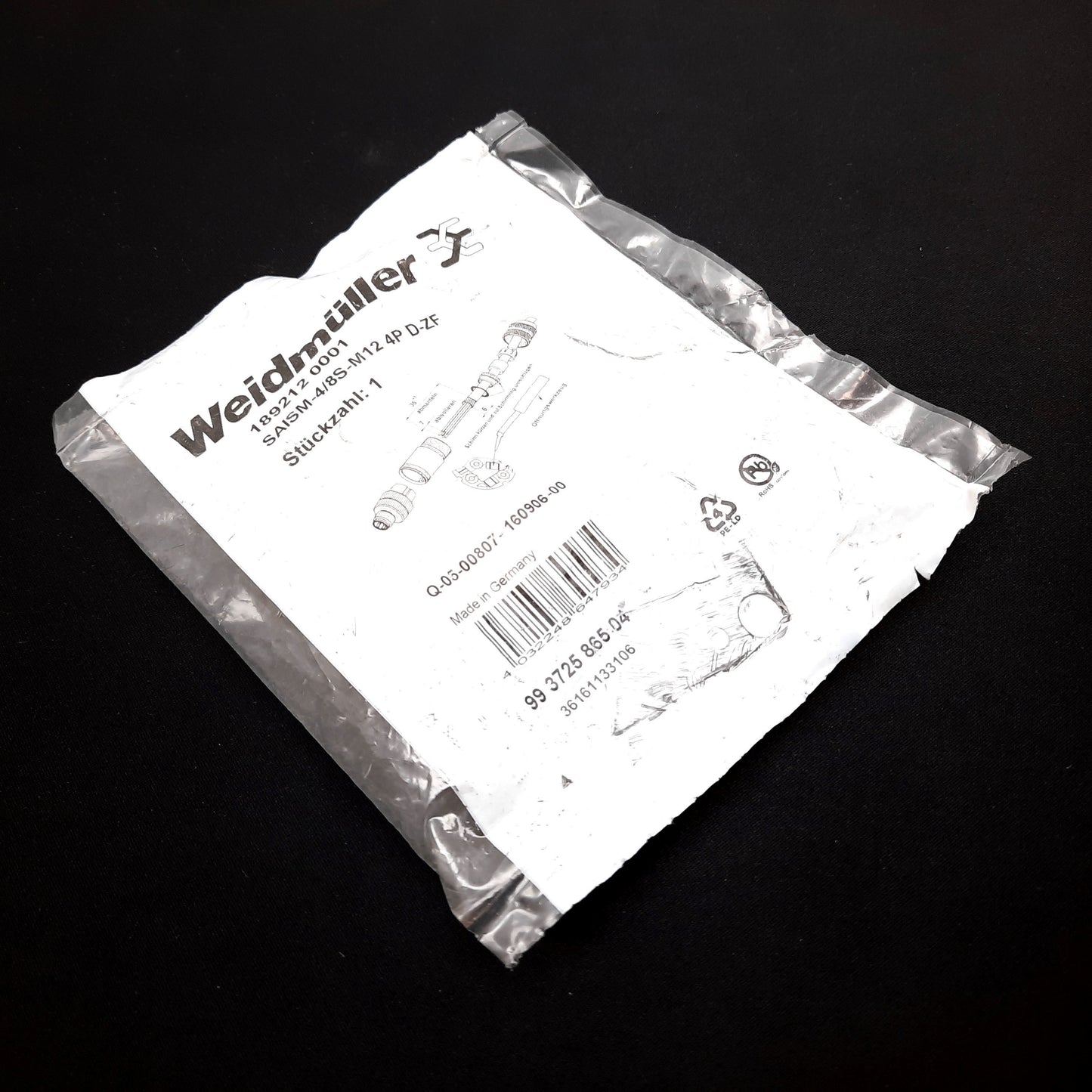 New Weidmuller 1892120001 SAISM-4/8S-M12 4P D-ZF Connector Assembly, M12, 4-Pin Male