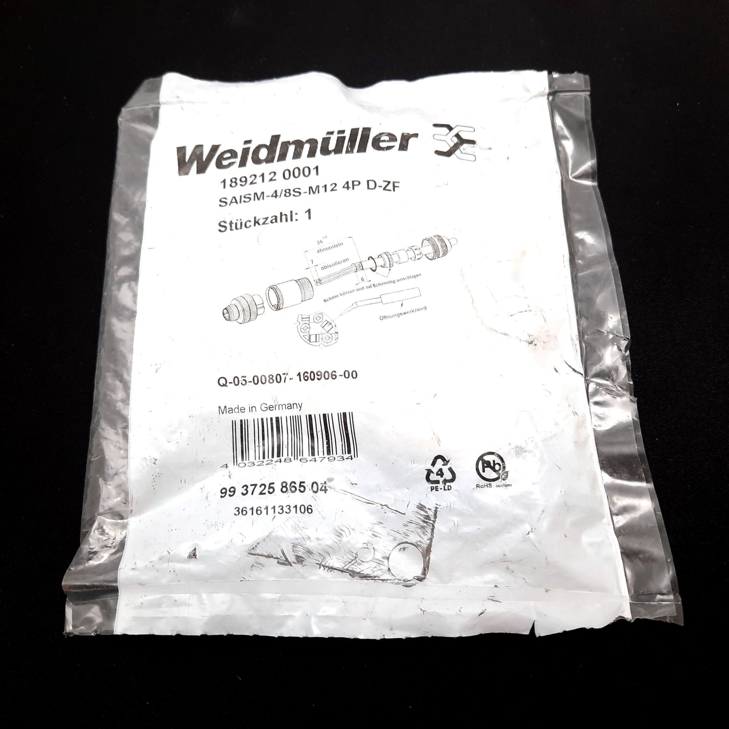 New Weidmuller 1892120001 SAISM-4/8S-M12 4P D-ZF Connector Assembly, M12, 4-Pin Male