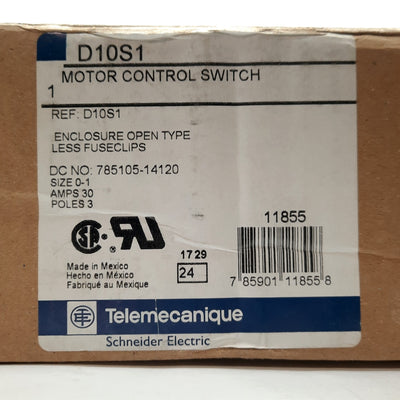 New – Open box Telemecanique D10S1 Motor Control/Disconnect Switch, 3-Pole, 600VAC 30A