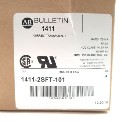 New Allen Bradley 1411-2SFT-101 Current Transformer, 100:5 Ratio, 600VAC, 50-400Hz