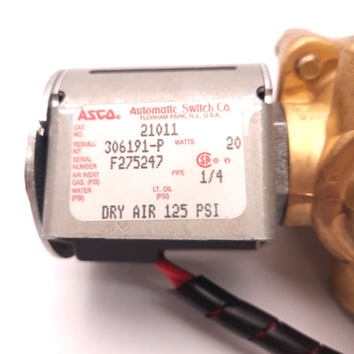 Used Asco 21011 Four Way Solenoid Valve 1/4" Ports 20 Watt 120v AC Coil 125 Psi