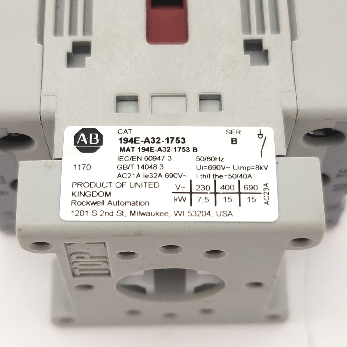 Used Allen Bradley 194E-A32-1753 B Load Disconnect Switch Rated 32A, 600VAC, 3 Pole