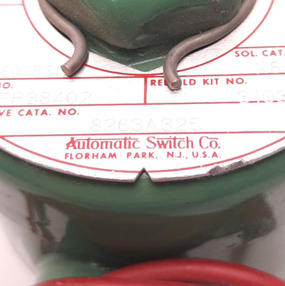 Used ASCO 8263A325 Solenoid Valve 120v AC, 1/8" NPT,60Psi Air/Steam, 45 Psi Water/Oil