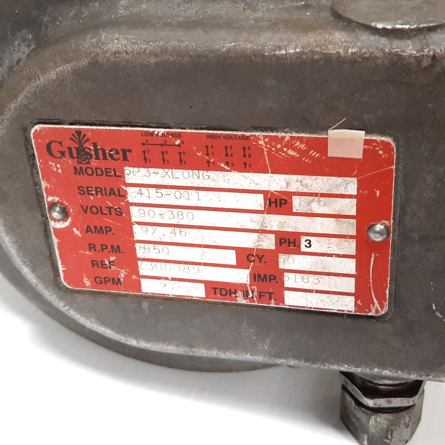 Used Gusher 6P3-XLONG Coolant Pump, 3-Phase 190-380V 0.97-0.46A, 1/6HP, 1/2" NPT