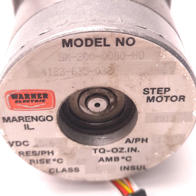Used Warner Electric SM-200-0080-HD Step Motor 5.6v DC, 80 Oz-In, NEMA 23, Ballscrew