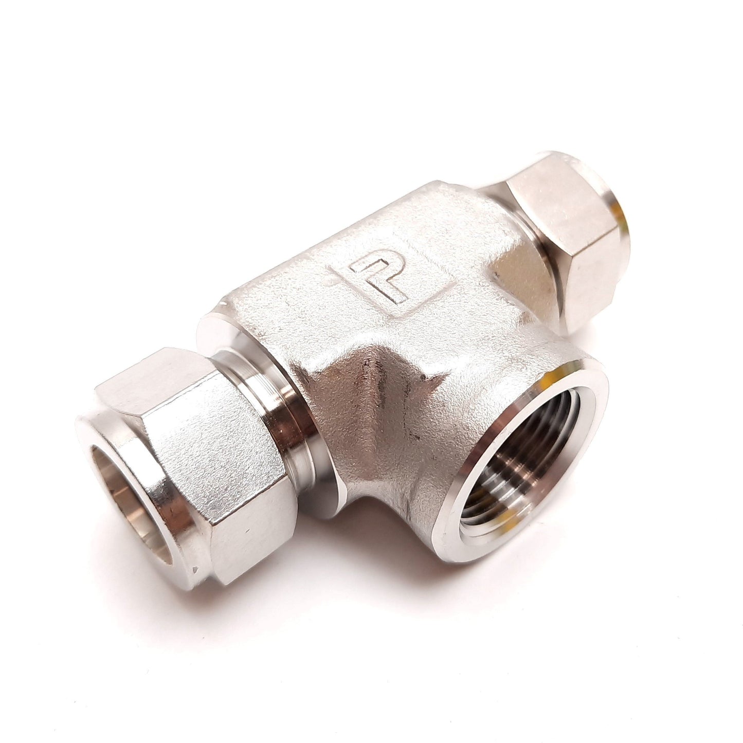 New – Open box Parker Yor-Lok Inline Tee Fitting, 316 Stainless Steel, 3/4" NPT to 3/4" Tube OD