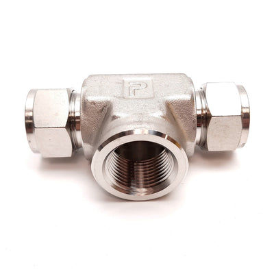 New – Open box Parker Yor-Lok Inline Tee Fitting, 316 Stainless Steel, 3/4" NPT to 3/4" Tube OD