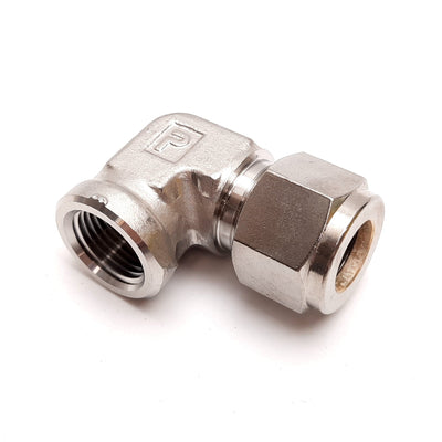 New – Open box Parker Yor-Lok Elbow Fitting, 90°, 316 Stainless Steel, 3/8" NPT to 1/2" Tube OD