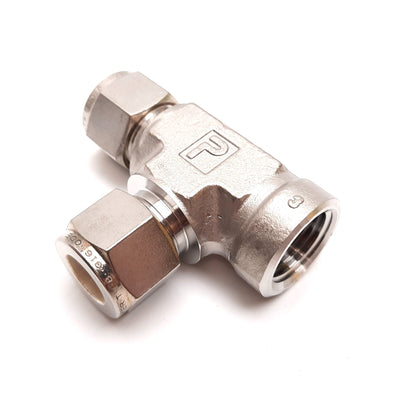 New – Open box Parker Yor-Lok Right Angle Tee Fitting, 316 SS, 1/2" NPT to 1/2" Tube OD