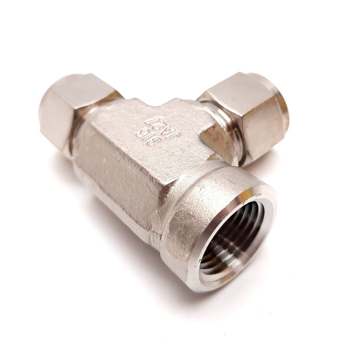 New – Open box Parker Yor-Lok Right Angle Tee Fitting, 316 SS, 1/2" NPT to 1/2" Tube OD