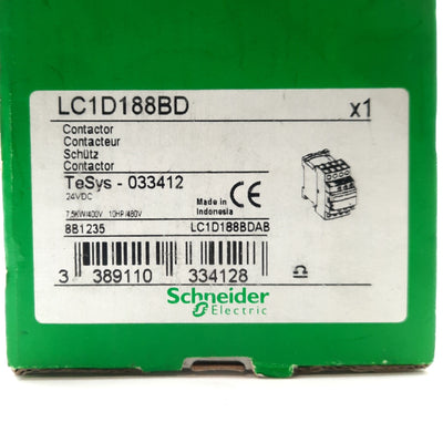 New Schneider Electric LC1D188BD Non-Reversing Contactor 4-Pole 440V 32A 24VDC Coil
