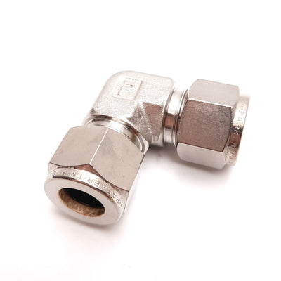 New – Open box Parker Yor-Lok Elbow Fitting, 90°, 316 Stainless Steel, Connectors: 1/2" Tube OD