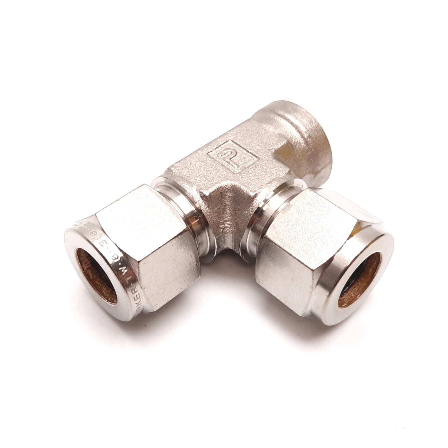 New – Open box Parker Yor-Lok Right Angle Tee Fitting, 316 SS, 3/8" NPT to 1/2" Tube OD