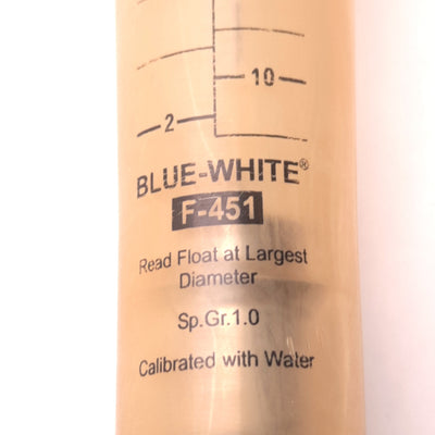 Used Blue-White F-451002LHN Flow Meter 6" Scale 2 - 20 GPM/ 0 - 75 LPM, 1-1/4" Port