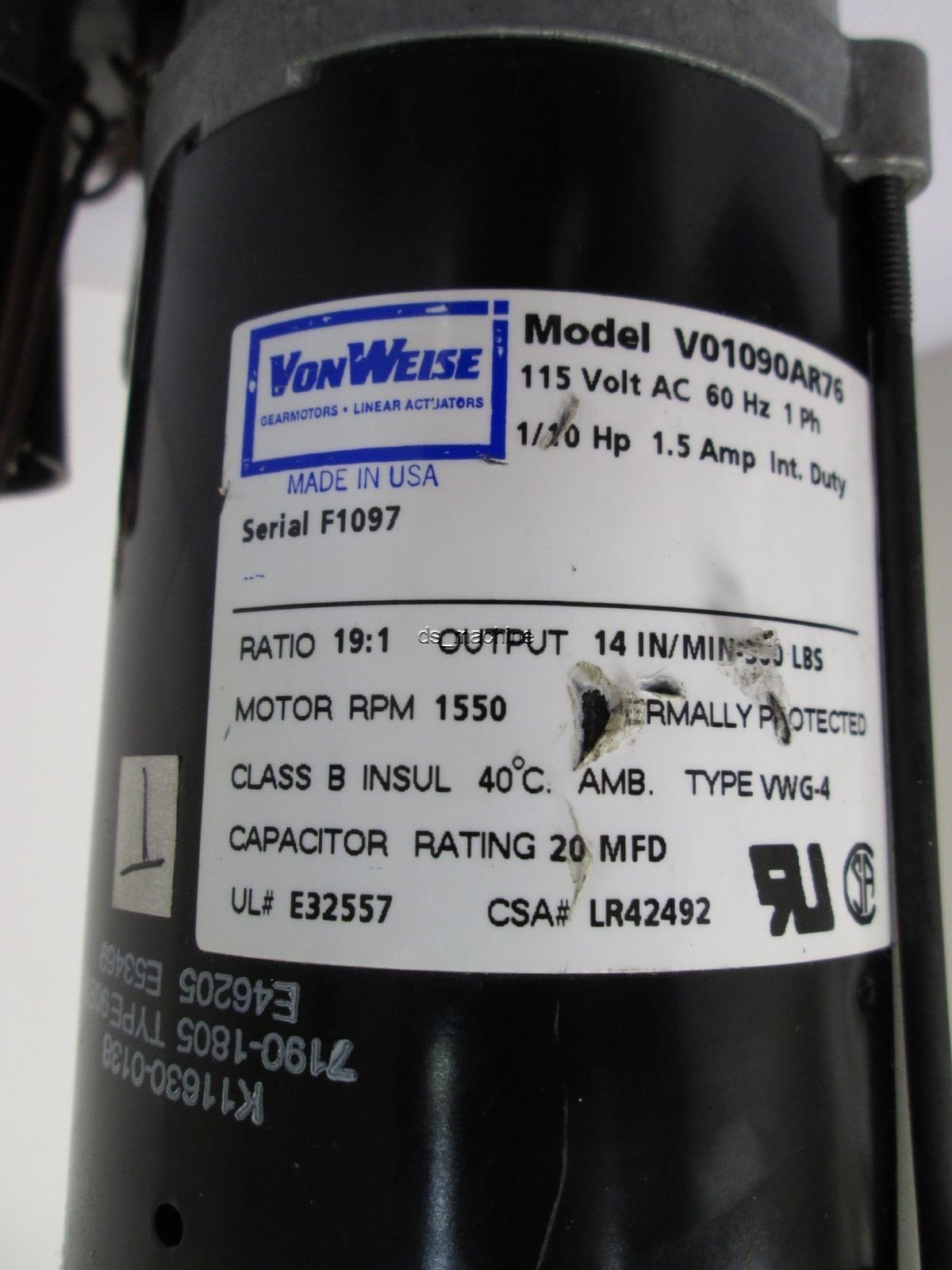Used Von Weise VO1090AR76 1" Stroke Linear Actuator 20æF Capacitor Run 115VAC