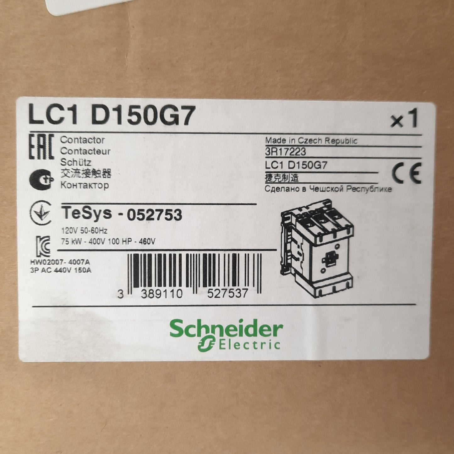 New – Open box Schneider Electric LC1 D150G7 Contactor 3-Pole NO/NC Aux 480V 150A 120VAC Coil
