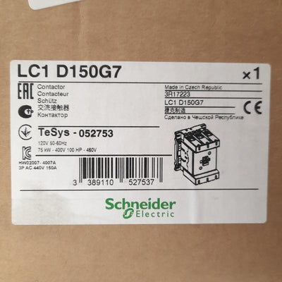 New – Open box Schneider Electric LC1 D150G7 Contactor 3-Pole NO/NC Aux 480V 150A 120VAC Coil