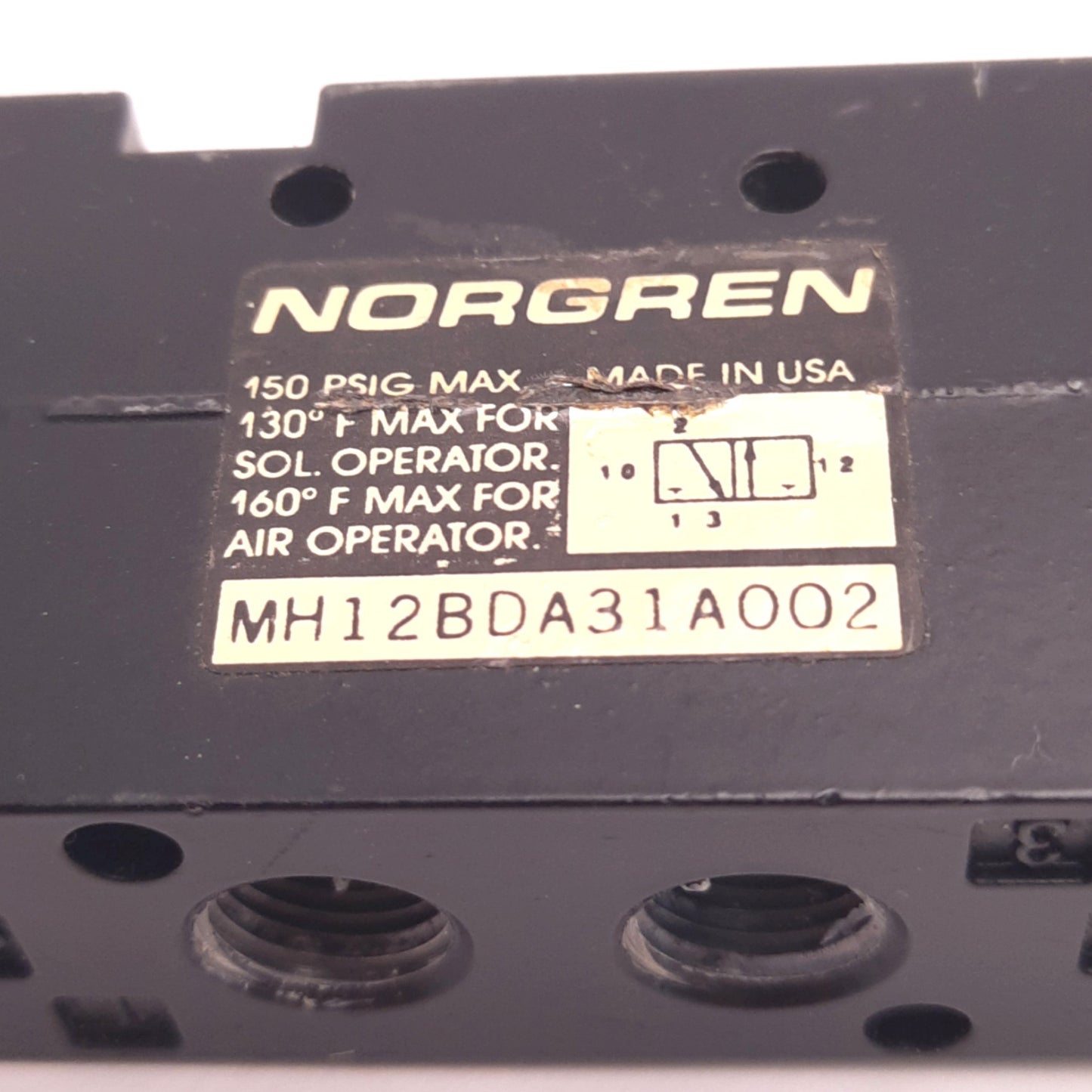 Used Norgren MH12BDA31A002 Pneumatic Valve 3/2 Normally Open 150 Psig 130F Max