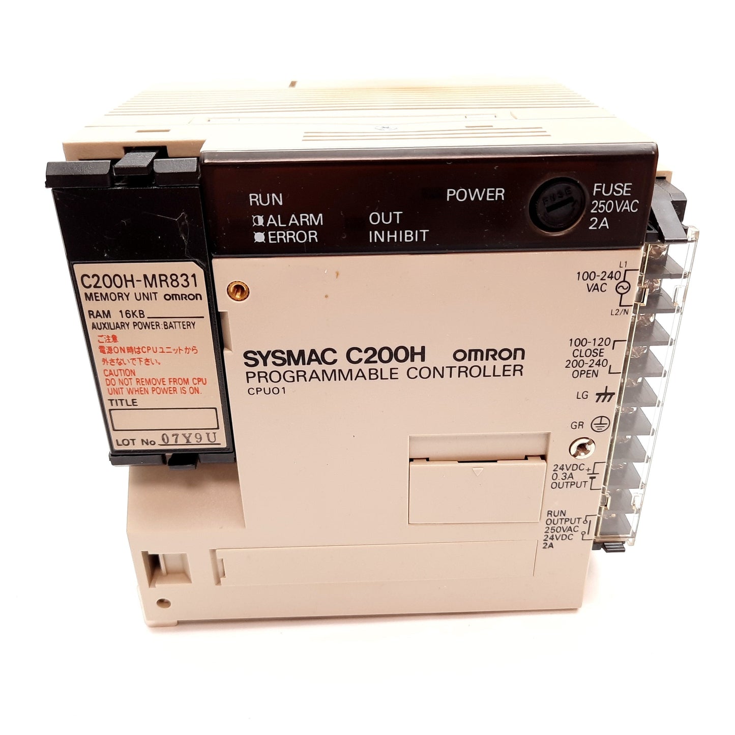 Used Omron C200H-CPU01-E PLC CPU Unit, 100-120/200-240VAC, W/ C200H-MR831 Memory Unit