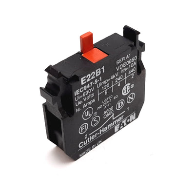 Used Cutler Hammer E22B1 Push Button Contact Block, N/C, 110/120V 6A, 22.5mm