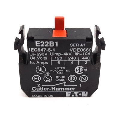 Used Cutler Hammer E22B1 Push Button Contact Block, N/C, 110/120V 6A, 22.5mm