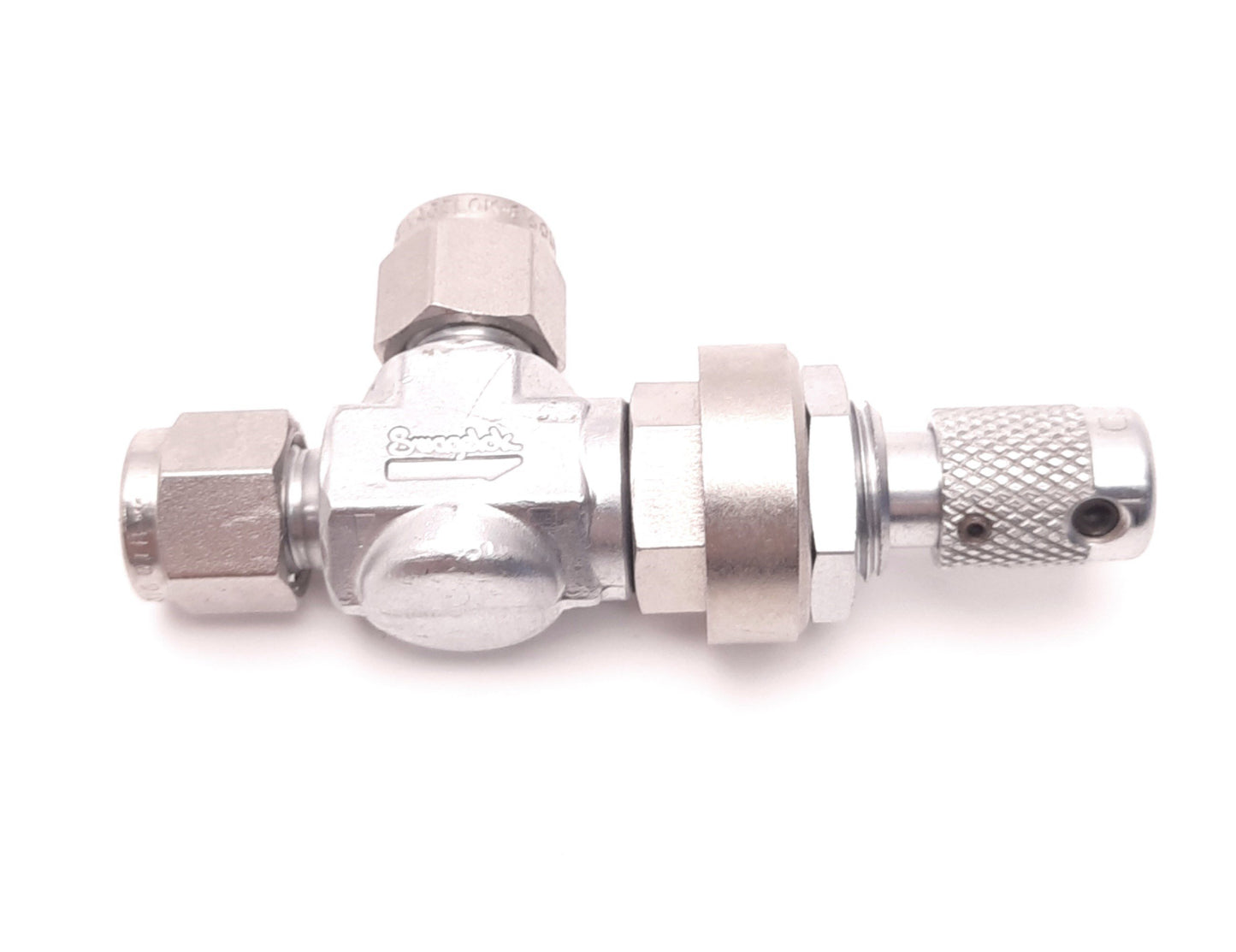 Used Swagelok B-4MA Ninety Degree Metering Valve 1/4" NPT Male, Hand Operated